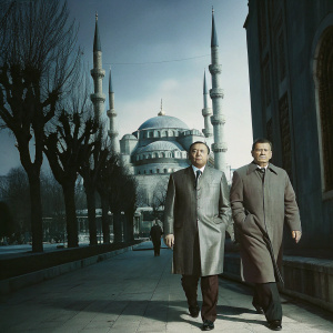 Recep Tayyip Erdogan and Ahmet Davutoglu walking together in front of the blue mosque, turkey.