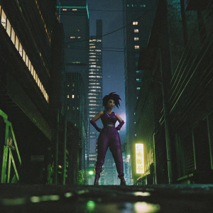 Momo Yaoyorozu from My Hero Academia. Wearing tight purple outfit with hair styled upwards. Standing in a futuristic cityscape, all lit in purple neon lights.