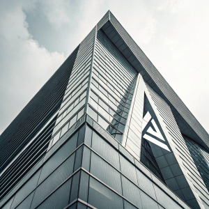The Abstergo Industries logo, featuring a sleek, modern design with a blend of sharp angles and smooth curves. Dominated by shades of gray, the logo appears against a clear, see-through backdrop, enhancing its contemporary and minimalist appeal.