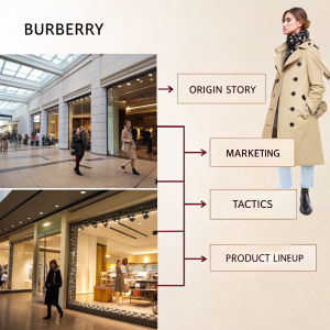 Interactive infographic on Burberry's brand evolution, showcasing origin story, marketing tactics, and product lineup. Central diagram highlights key elements.