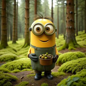 A minion in the forest holds useful vitamins in his hands