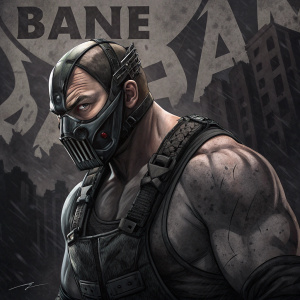 Digital illustration of Bane from Batman, the iconic villain. Muscular build, intense expression, and signature mask. Dark, detailed background with bold typography. Predominantly black and gray palette.