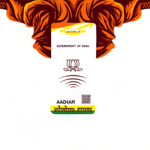 Government of India's Aadhaar card design. Predominantly white background with intricate green and ink tones. Hindi text and graphics, QR code. Details in shades of green and ink tones.