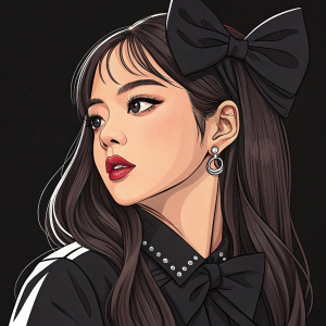 Digital illustration of Kim Ji-soo from Blackpink. Long dark hair, black bow, bold makeup. Cartoon style, solid black background.