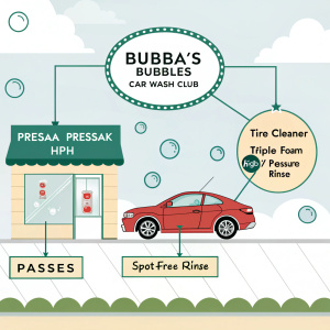 Bubba's Bubbles Car Wash Club, offering various passes with services such as presoak, tire cleaner, presoak HPH, triple foam, high pressure rinse, and spot-free rinse, all with detailed pricing.