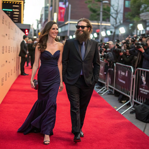 Anna-Christina Schwartz and a bearded man in sunglasses, both dressed in formal attire, walking down the vibrant red carpet at the bustling Tribeca Film Festival.