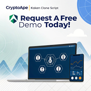 Promotional graphic for CryptoApe featuring Kraken Clone Script, a crypto exchange software solution. Bold call to action: "Request a Free Demo Today!"