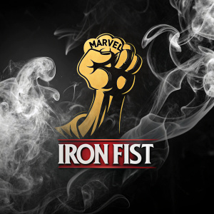 Dark background with stylized Iron Fist logo. Fierce metal fist emerging from smoke. Marvel logo at the top. Bold title below