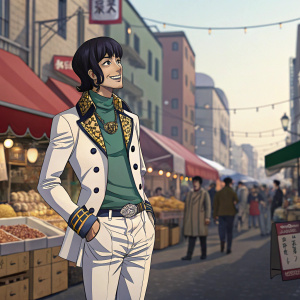 Bruno Bucciarati from JoJo's Bizarre Adventures, digital illustration. Standing in a bustling street market with various food stalls and vendors. Confident pose and friendly expression