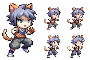 16bit complex fighting game character fighter spritesheet simple chibi kitty mix attak sprites motion jump, run, kick, defeat, win