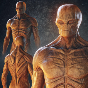 High-definition rendering of an extraterrestrial figure with a chiseled physique. The alien, featuring intricate musculature and detailed texture, is showcased from various perspectives on a stark black backdrop. The soft peach complexion enhances the lifelike quality. Dramatic lighting highlights the form's contours and shadows.