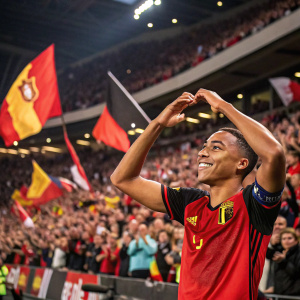 Youri Tielemans, making a heart gesture, celebrating victory at a packed stadium. Fans waving flags