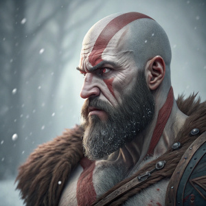 Kratos from God of War, intense expression. Bearded face, detailed skin texture. Soft gray background. 3D render