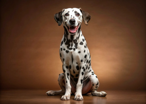 английский далматин сидит улыбается изолировано, коричневый фон