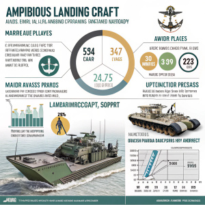 Comprehensive analysis of the amphibious landing craft industry. Includes details on major players, market trends, and operations. Features icons and images of military equipment.