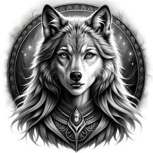 Nordic Godness Ylva She-Wolf - perfect realistic art, high-definition grey and black, white background tattoo design