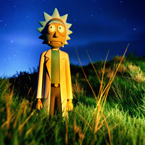 Hyper-realistic 3D rendering of Rick Sanchez from Rick and Morty. He stands solemnly against a dark, starry night sky backdrop.