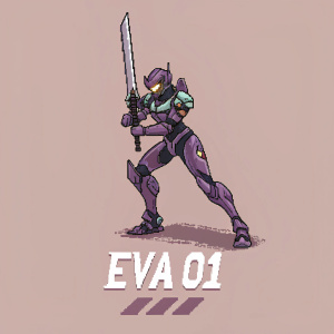 Pixel art of Evangelion Unit 01 in combat stance. Purple and black color palette. Holding a large, blade-like weapon. Simple, bold text 'EVA01' below the figure