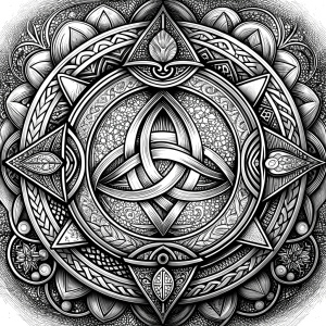 Celtic Paganism and Druidry symbols tattoo design - perfect realistic art - high-definition - grey and black - white background 