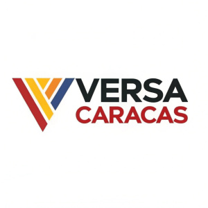 Versa Caracas, vibrant logo design. Bold, modern font, dynamic V-shaped graphic element, sleek and contemporary aesthetic, stark white background