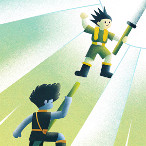 Digital illustration of Gon and Killua from Hunter x Hunter. Dynamic pose, green and blue background.