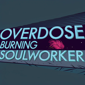 Digital artwork of a sleek logo for 'Overdose Burning Soulworker'. Graphic design featuring bold white text on a dark blue background.