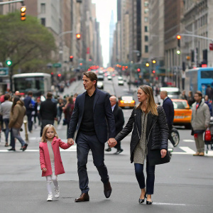 Fernando Torres and Olalla Dominguez walking with their daughter Nora through a bustling city street. Crowded urban scene in background.