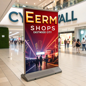 Promotional display for an upcoming sale at Cybermall Shops in Eastwood City. Eye-catching poster announcing discounts and special offers.