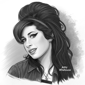 A detailed black and white illustration of Amy Winehouse, capturing her iconic hairstyle and makeup. The sketch highlights her facial features and playful expression. The signature of the artist is at the bottom right corner.