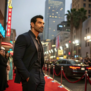 John Abraham at the premiere of 'Dishoom'. Dressed in a dark suit, standing against a bustling city street background.