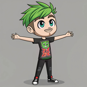 Stylized cartoon character inspired by Jacksepticeye, green spiky hair, bold eye graphic on shirt, arms spread wide. Neutral gray background