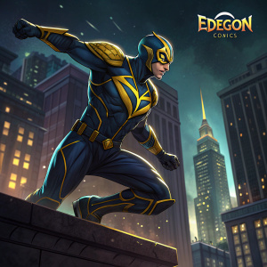 Digital art of a Latino hero from the Edegon Comics universe. Wearing a dark blue and yellow suit with intricate designs. The character is mid-action pose. Dark cityscape background with comic book logo in the corner