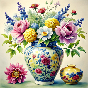 a WATERCOLOR IMAGE , DECORATED Yellow Porcelain Luxury Chinese Vintage Vase ; on a white wall, THERE ARE IN THE VASE : watercolor PALE SAND BROWN WILD FLOWERS ,GREEN WEEDS ,burgundy PEONIE ,NAVY BLUE Bougainvillea, PURPLE dandelion ,WHITE geranium,TOFFEE Narcissus, ochre crocusES ,navy blue daffodil ,WHITE roses ,amaranth Damarion s, red tulips , freesia ,sienna orange lavender Common Crape Myrtle ,Watsonia ,tritoma.carmine Chandramallika, burgundy VIOLETS ,SEPHIA SISYMBRIUM,CREAM CHAMOMILE , te