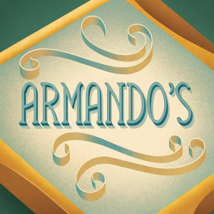 Logo for Armando's with flowing cursive script. Includes intricate swirls and lines. Simple yet sophisticated, uses dark blue on white background