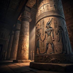 Close-up shot of an ancient Egyptian pillar. Detailed carvings of hieroglyphs and figures. Dark and moody lighting