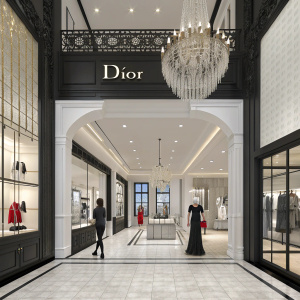 Luxurious Dior flagship store design. High-end fashion boutique. Modern and sleek. Black and white color scheme. Large chandelier. Dior logo prominently displayed. Mannequins and clothing arranged elegantly. Silhouette of a person for scale. Digital 3D rendering. Contemporary style.