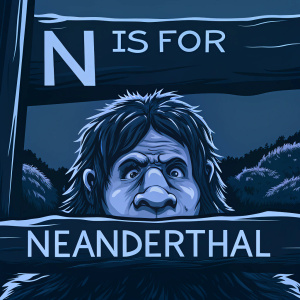 An educational infographic featuring a cartoonish illustration of a Neanderthal with the caption 'N is for Neanderthal'. Simple, clean design highlighting the letter 'N'.