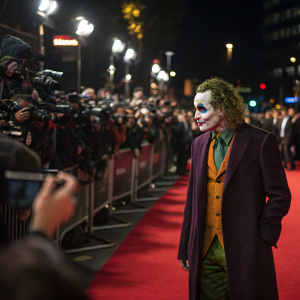 Actor dressed as Joker at Batman film premiere. Crowded red carpet with flashing cameras.