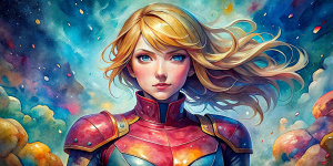 samus aran de cuerpo completo, se encuentra dentro de su nave que viaja enla galaxia.acurela y estilo anime.