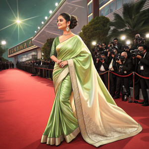 Keerthy Suresh, in a stunning green and cream silk saree, poses on the glamorous Cannes Film Festival red carpet.