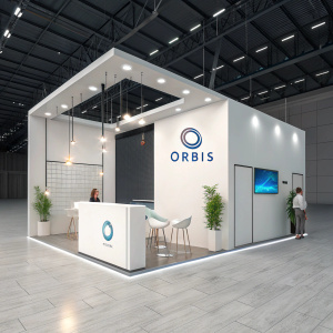 3D rendering of a sleek white booth for Orbis at tech conference. Prominent display of Orbis logo. Minimalist design with clean lines and modern elements.