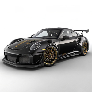 A detailed image of the Porsche 911 GT2 RS Weissach Edition. Shiny black exterior. Against a plain white background.