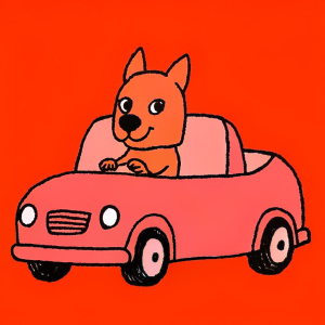 Anthropomorphic dog driving a red car