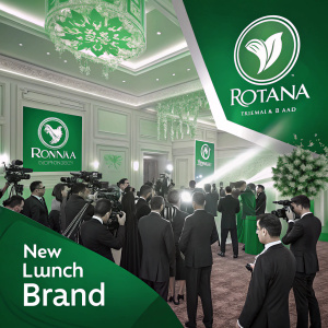 Rotana brand launch event. Green and white color scheme, new logo unveiled. Crowded indoor setting with cameras flashing