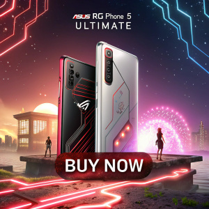 Promotional image for ASUS ROG Phone 5 Ultimate. Futuristic background with neon circuitry, festive atmosphere, highlighting specs and ultimate features, with launch date and call-to-action 'Buy Now'. Digital style.