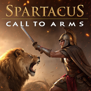 Digital illustration for a video game concept art featuring Spartacus: Call to Arms. Fierce lion with warrior clad in bronze helmet and wielding sword, set against a backdrop of warm brown and gold tones with fiery glow accents. Dramatic lighting enhances the scene's intensity.