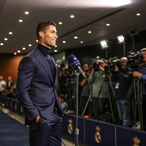 Cristiano Ronaldo, in a sleek navy blue suit, at a post-match press conference.