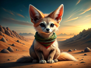 a sitting fennec fox wearing a Western Sahara flag bandana on the sahara