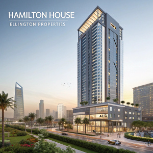 Hamilton House by Ellington Properties, a modern skyscraper in Dubai's JVC area. Units available in various sizes, starting at AED prices.
