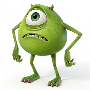 Mike Wazowski from Monsters Inc., in a detailed 3D render. Angry expression, green skin, and bumpy limbs. Set against a plain white background, the character is in a striking pose.